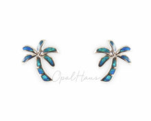 Load image into Gallery viewer, Indigo Clytemnestra palm tree opal stud earrings featuring vibrant opal gemstones and silver settings, jewelry and watches.