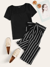 Load image into Gallery viewer, SHEIN Plus Rib-knit Tee & Belted Striped Pants Set Shein