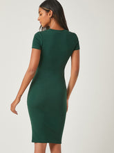 Load image into Gallery viewer, BASICS Round Neck Solid Bodycon Dress Beautiful Dark Green