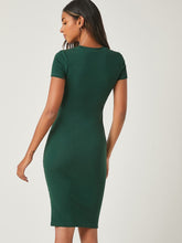 Load image into Gallery viewer, Dark green ZOETOP women's round neck solid bodycon dress, stylish and fitted for a sleek everyday look.