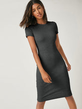 Load image into Gallery viewer, Solid black women's bodycon dress with a round neck, designed for a sleek and fitted look.