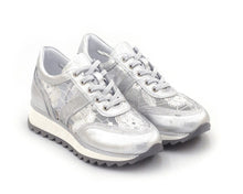 Load image into Gallery viewer, Pink and silver genuine leather women's sneakers by Yellow Grapevine, featuring a sleek sport and runner style.