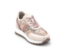 Load image into Gallery viewer, Pink and silver womenâs genuine leather sneakers by Yellow Grapevine, featuring a stylish sporty design and high-quality finish.
