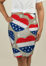 Load image into Gallery viewer, American Independence Day patterned pencil skirt by Gear New, featuring a fitted style with patriotic red, white, and blue design.