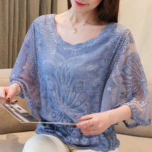 Load image into Gallery viewer, White, blue, and pink lace hollow-out blouse with butterfly half sleeves from AlmostAnything4You. Elegant and stylish women's top.