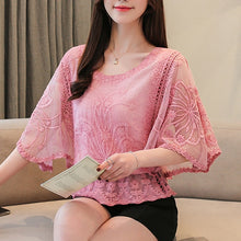 Load image into Gallery viewer, White lace hollow out design blouse with butterfly half sleeves by AlmostAnything4You, featuring intricate lace details and lightweight fabric.
