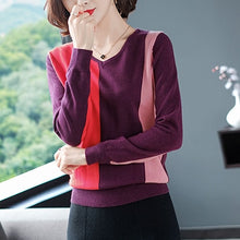 Load image into Gallery viewer, Long sleeve V-neck pullover sweater in contrast red and black or green and black, featuring a cozy, stylish design.