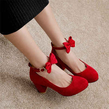 Load image into Gallery viewer, Faux Suede Low Square Heels with Buckle in Red, Beige, Black, & Pink