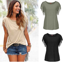 Load image into Gallery viewer, Patchwork Solid Color Tassel Short Sleeve T-shirt by Oufisun, 8 Colors