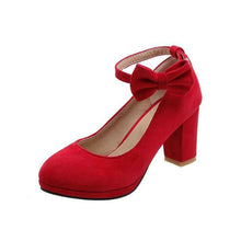Load image into Gallery viewer, Faux Suede Low Square Heels with Buckle in Red, Beige, Black, & Pink