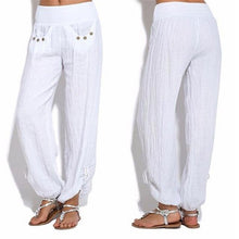Load image into Gallery viewer, Light blue solid color loose yoga trousers from AlmostAnything4You, featuring a relaxed fit and comfortable waistband.