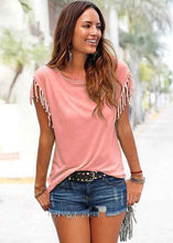 Load image into Gallery viewer, Patchwork Solid Color Tassel Short Sleeve T-shirt by Oufisun, 8 Colors