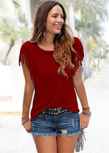 Load image into Gallery viewer, Patchwork Solid Color Tassel Short Sleeve T-shirt by Oufisun, 8 Colors