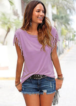 Load image into Gallery viewer, Oufisun patchwork solid color tassel short sleeve T-shirt in vibrant shades, featuring tassel details and a casual fit.