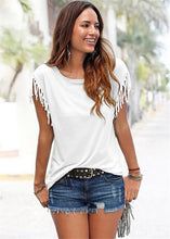 Load image into Gallery viewer, Oufisun patchwork solid color tassel short sleeve T-shirt in multiple colors, casual design with tassel details, for women.