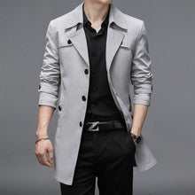 Load image into Gallery viewer, Men's long trench coat by Thoshine, high-quality outerwear in classic style, shown on a model with neutral background.