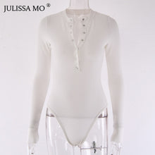 Load image into Gallery viewer, V-neck long sleeve knitted bodysuit by JULISSA MO, close-up of beige fabric and fitted design, casual and stylish apparel.
