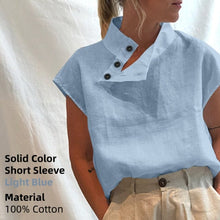 Load image into Gallery viewer, Stylish women's cotton oversized blouse with short and long sleeves in black or white, featuring plaid or solid color options.