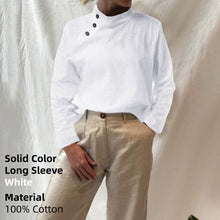 Load image into Gallery viewer, Stylish women's oversized cotton blouse with short or long sleeves in black or white, featuring plaid or solid color options.