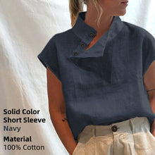 Load image into Gallery viewer, Stylish women's cotton blouse or tunic with short or long sleeves in black or white, featuring plaid or solid colors.