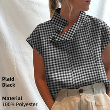 Load image into Gallery viewer, Stylish oversized women's cotton blouse with short or long sleeves in black or white, featuring plaid or solid colors, from AlmostAnything4You.