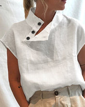 Load image into Gallery viewer, Stylish women's cotton oversized blouse with short or long sleeves in black or white, featuring plaid or solid color designs.