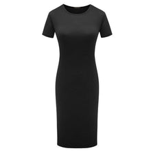 Load image into Gallery viewer, Elegant bodycon dress with short sleeves, O-neck, pockets, and knee length, perfect for stylish occasions.