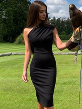 Load image into Gallery viewer, Black summer one-shoulder bandage dress by AlmostAnything4You, sleeveless bodycon style shown on a model.