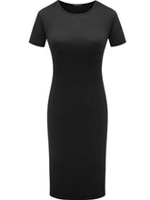 Load image into Gallery viewer, Elegant bodycon dress with short sleeves, O-neck, pockets, and knee length, ideal for stylish occasions.