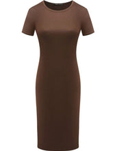 Load image into Gallery viewer, Elegant bodycon dress with short sleeves, O-neck, pockets, and knee length, perfect for stylish occasions.