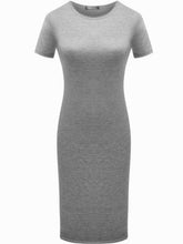 Load image into Gallery viewer, Elegant bodycon dress with short sleeves, O-neck, pockets, and knee length, perfect for stylish occasions.