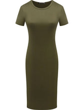 Load image into Gallery viewer, Elegant bodycon dress with short sleeves, O-neck, pockets, and knee length, perfect for stylish occasions.