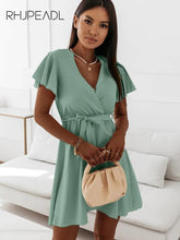 Load image into Gallery viewer, Short sleeve V-neck mini dress in green or red by AlmostAnything4You, stylish and comfortable for casual wear.