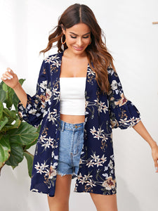 SHEIN Floral Print Flounce Sleeve Kimono