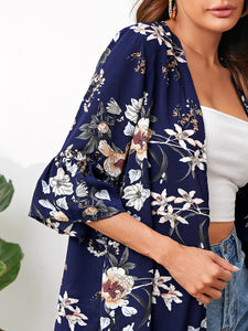 SHEIN Floral Print Flounce Sleeve Kimono