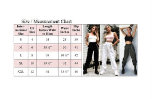 High Waist Trousers For Streetwear, Blk, Wht, Grn, or Khaki, Measurement Chart in Pictures