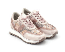Load image into Gallery viewer, Pink and silver genuine leather women's sneakers by Yellow Grapevine, showcasing stylish sport and running shoe design.
