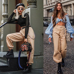 High Waist Trousers For Streetwear, Blk, Wht, Grn, or Khaki, Measurement Chart in Pictures