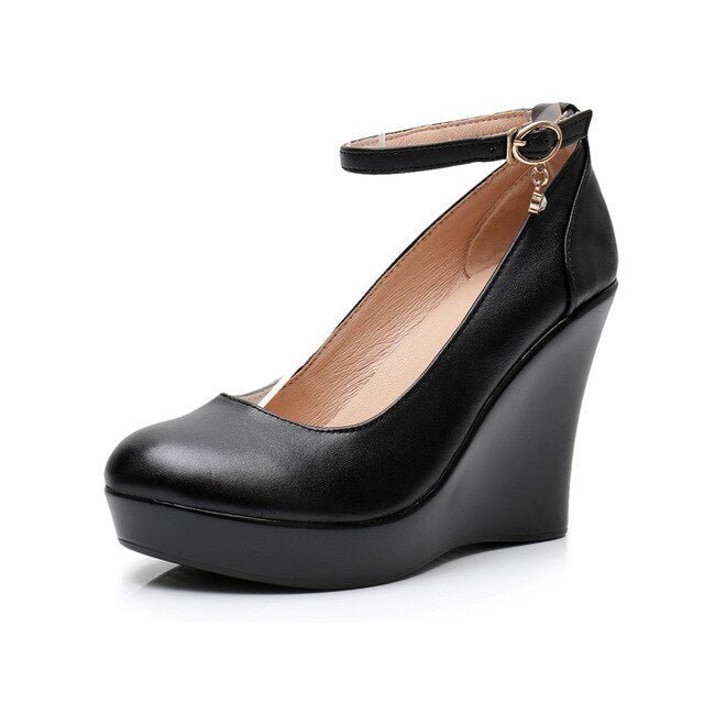 Ankle Strap Wedge Platform, Genuine Leather Black, 3 1/4