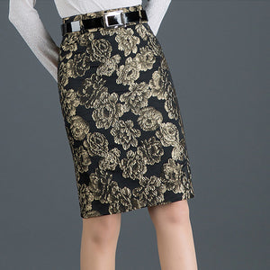 Winter Fall Golden Jacquard Pencil Skirt, Size Measurement Chart in Pictures