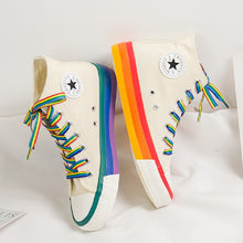 Load image into Gallery viewer, Woman&#39;s High Top Sneakers, Rainbow Bottom, Canvas Upper, SWYIVY, Blk, Wht, Yel, and Blk Fur
