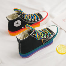 Load image into Gallery viewer, Woman&#39;s High Top Sneakers, Rainbow Bottom, Canvas Upper, SWYIVY, Blk, Wht, Yel, and Blk Fur
