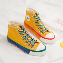 Load image into Gallery viewer, Woman&#39;s High Top Sneakers, Rainbow Bottom, Canvas Upper, SWYIVY, Blk, Wht, Yel, and Blk Fur
