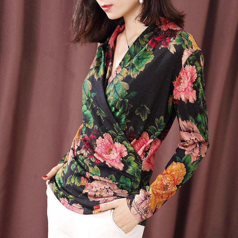 Fall/Winter Fashion V Neck Floral Blouse (Size Chart/Measurement Info in Pictures)