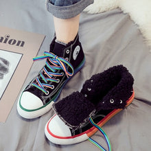 Load image into Gallery viewer, Woman&#39;s High Top Sneakers, Rainbow Bottom, Canvas Upper, SWYIVY, Blk, Wht, Yel, and Blk Fur
