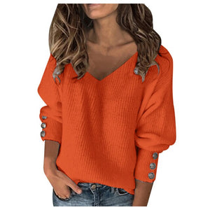 Solid Color Pullover V-neck Warm Top By JWF77