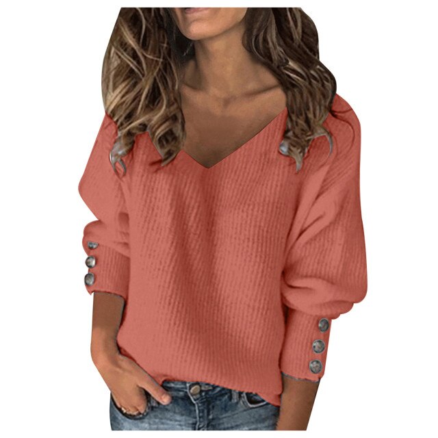 Solid Color Pullover V-neck Warm Top By JWF77