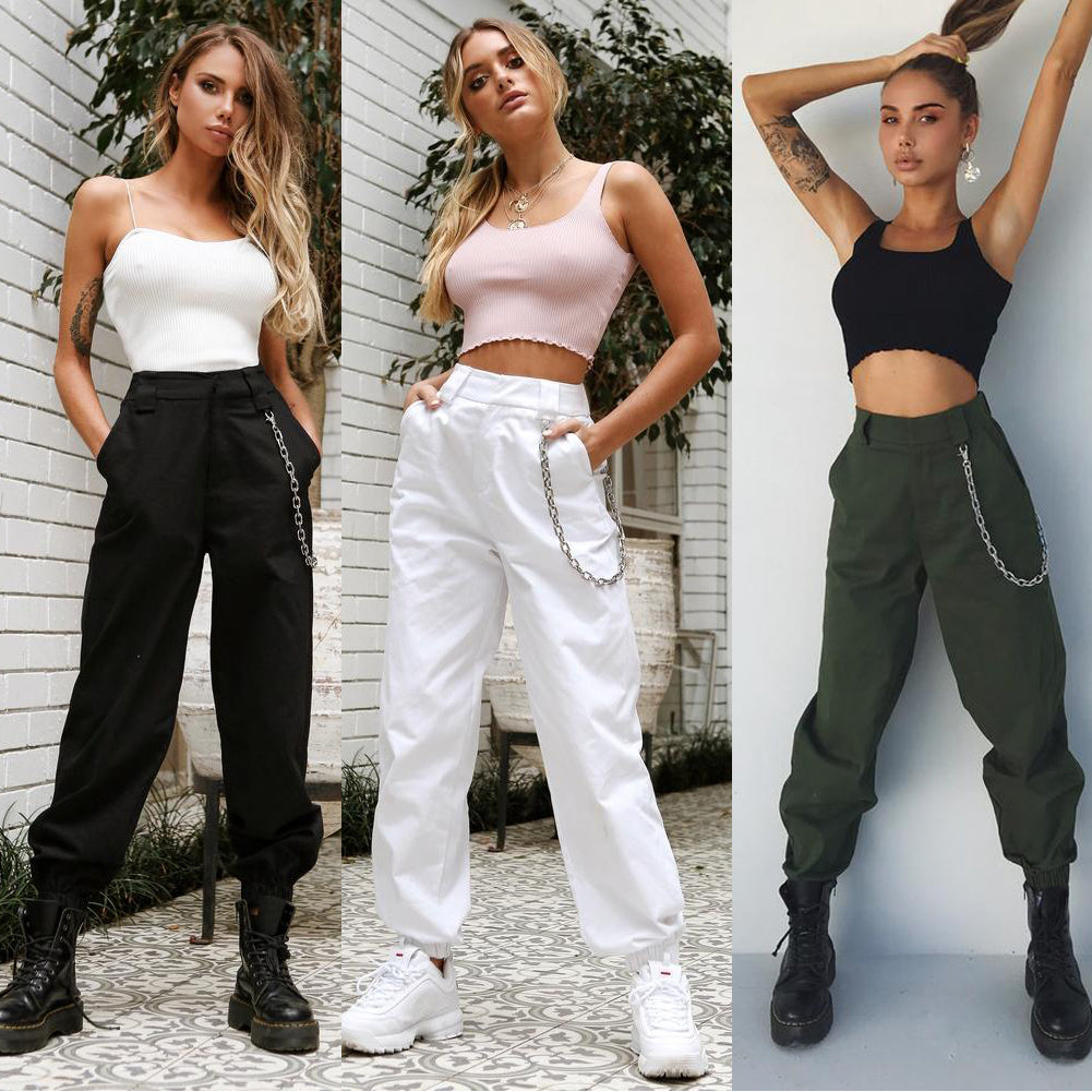 High Waist Trousers For Streetwear, Blk, Wht, Grn, or Khaki, Measurement Chart in Pictures